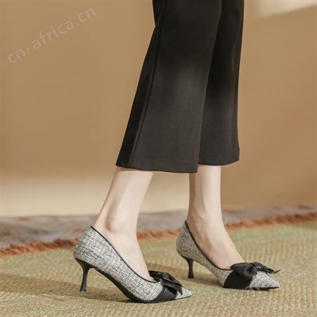 H579-17黑色大蝴蝶结高跟鞋女5CM细跟特殊布面法式名媛夏季女鞋新